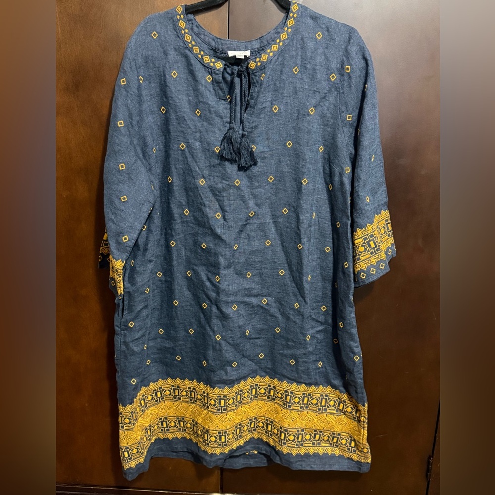 Garnet Hill Navy and Gold Embroidered Popover Dress